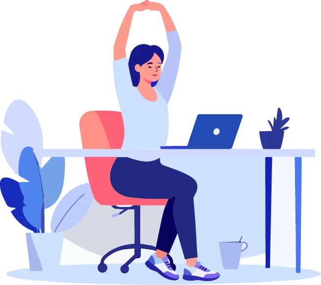 Ilustración de una mujer estirando los brazos durante una pausa en su puesto de trabajo.