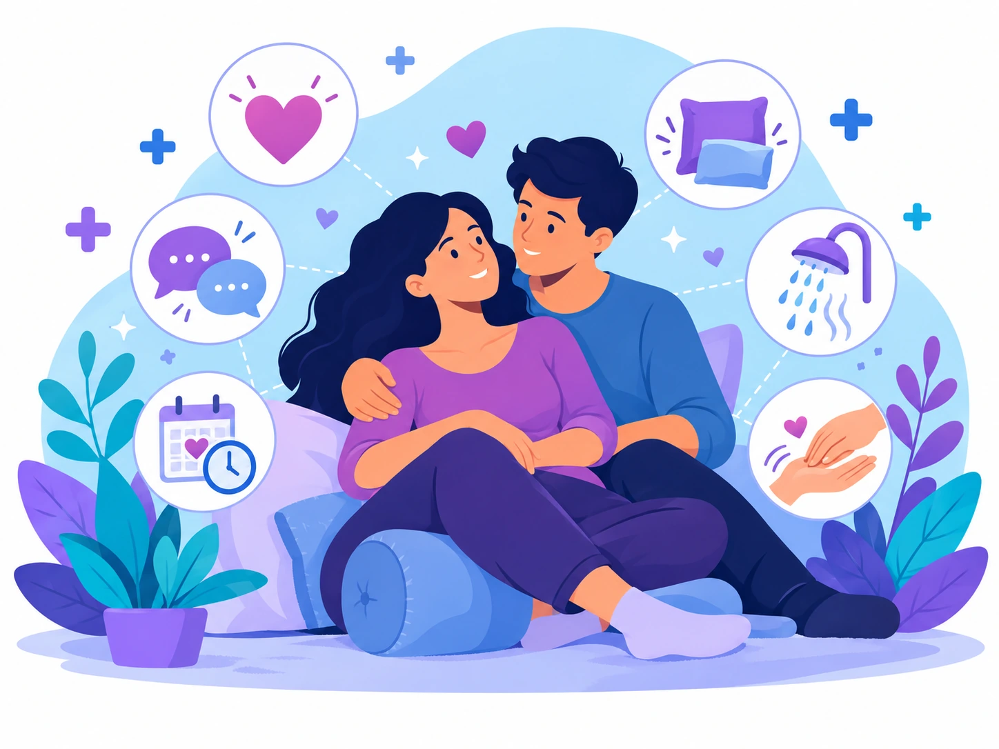 Ilustración de una pareja abrazada junto a símbolos de comunicación, planificación y comodidad en la intimidad.